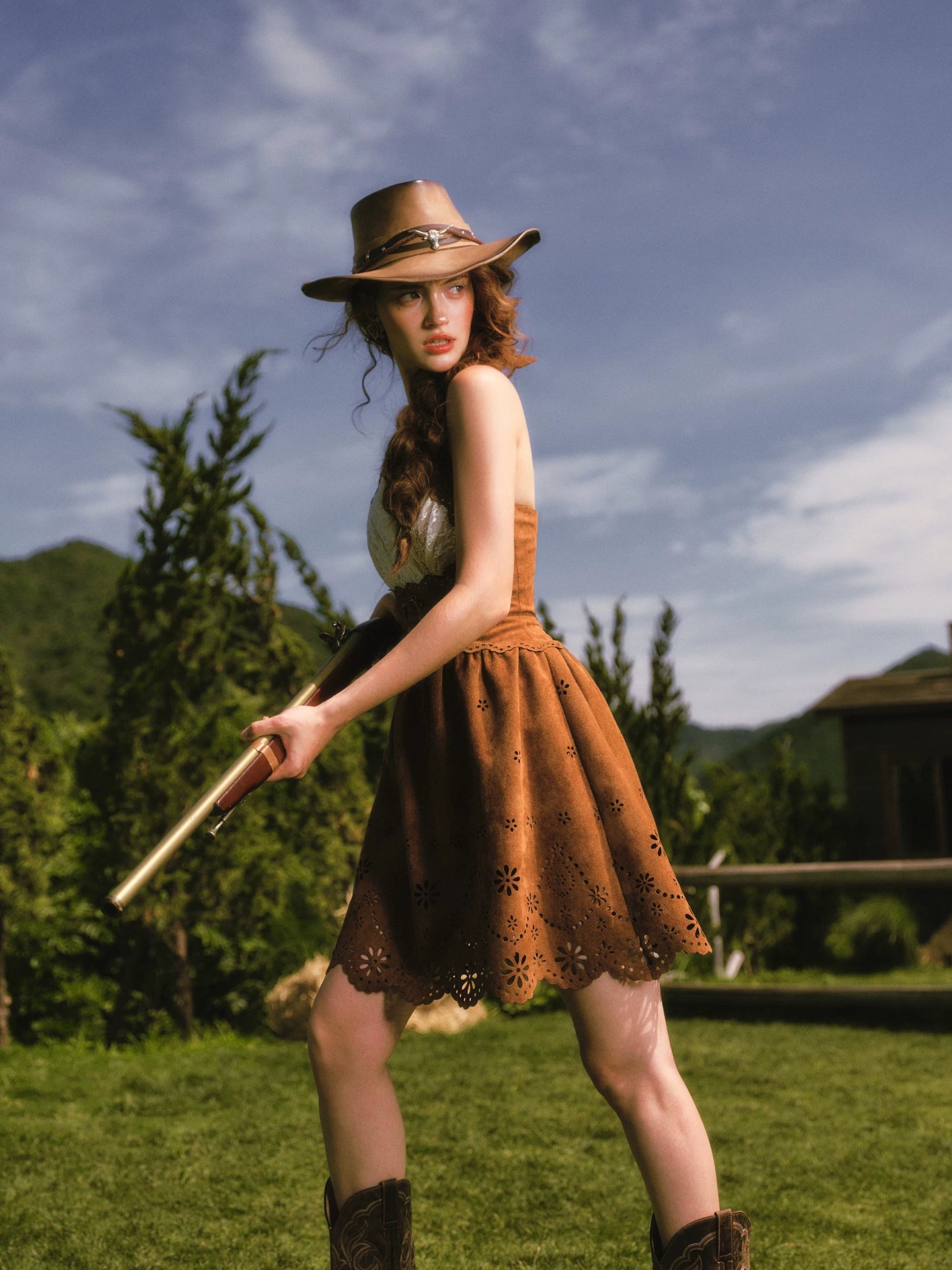 Laser-Cut Suede Lace Dress
