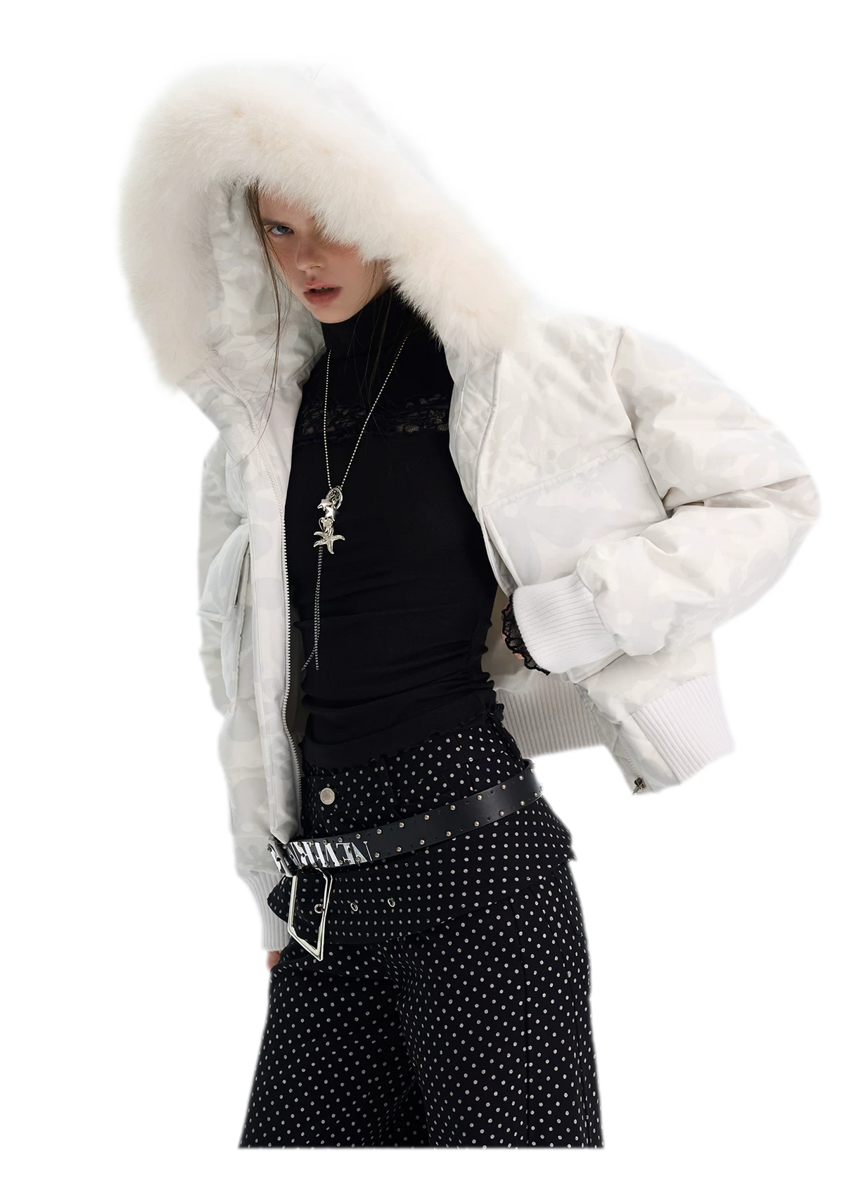 Printed Cropped Hooded Down Jacket