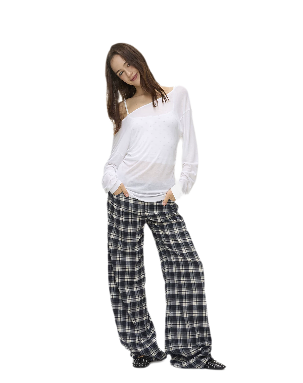Brushed Plaid Wide-Leg Pants