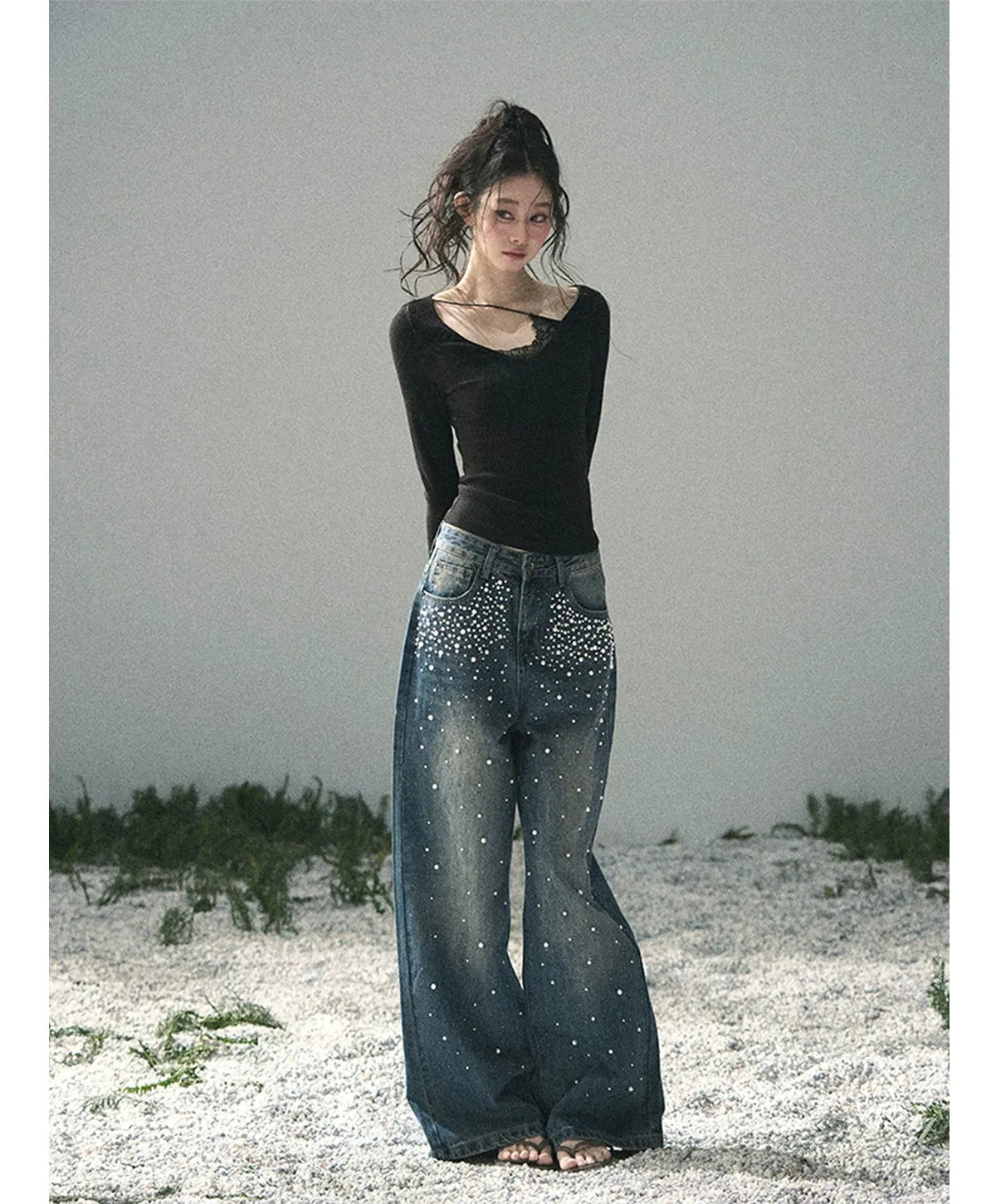 Washed Pearl Wide-Leg Jeans