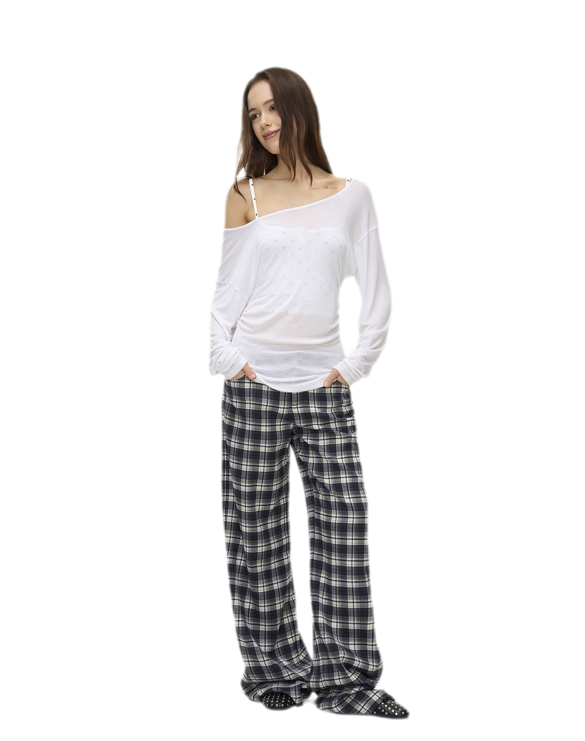 Brushed Plaid Wide-Leg Pants