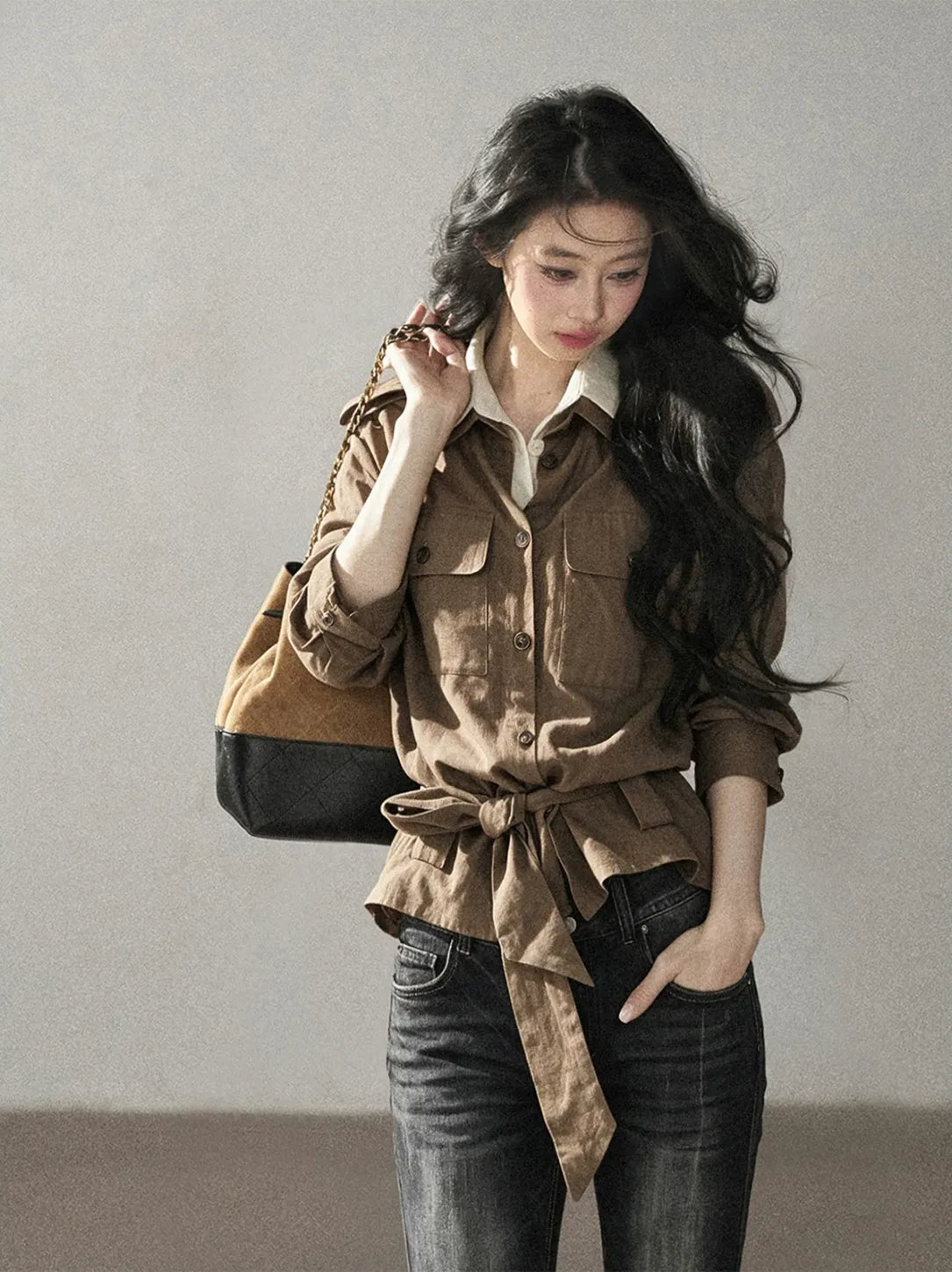 Cotton Linen Cinched Workwear Shirt