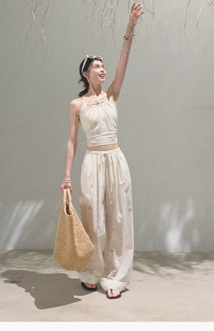 Cotton Eyelet Wide-Leg Pants