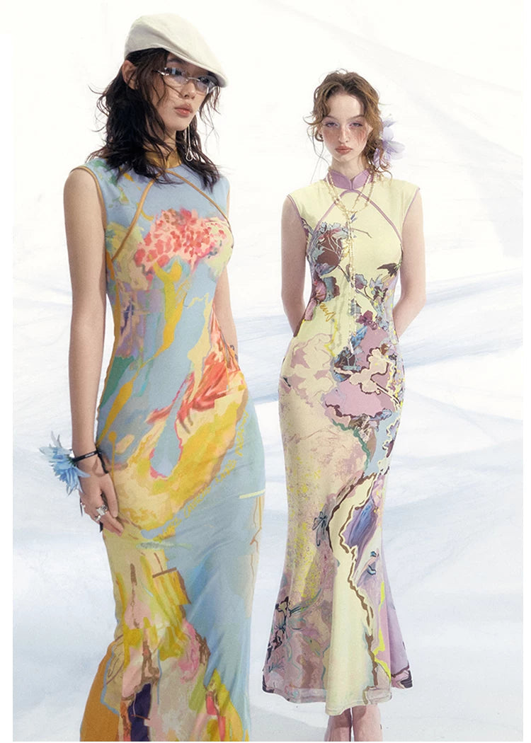 Roman Poem Printed Sleeveless Qipao Dress