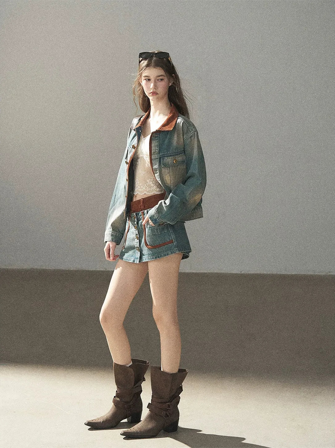 Washed Denim Jacket Skirt Set