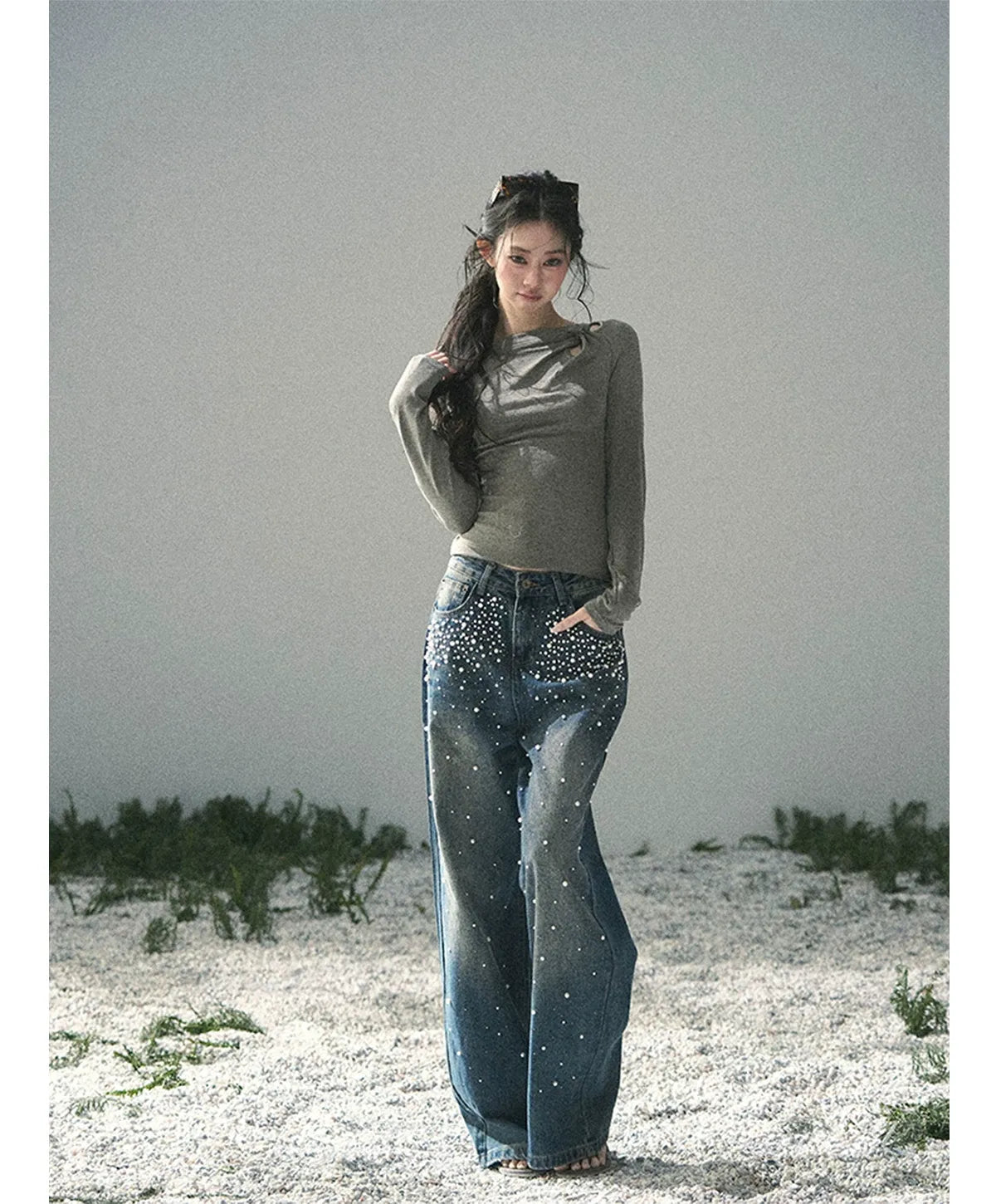 Washed Pearl Wide-Leg Jeans
