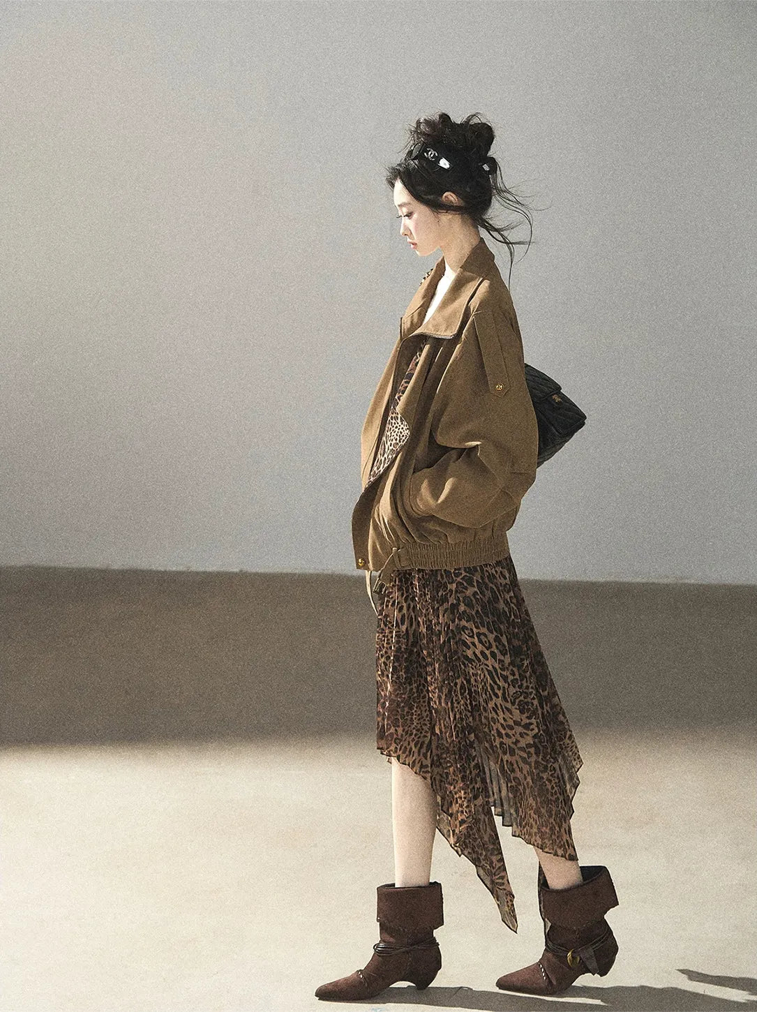 Matte Suede Leopard Bomber Jacket