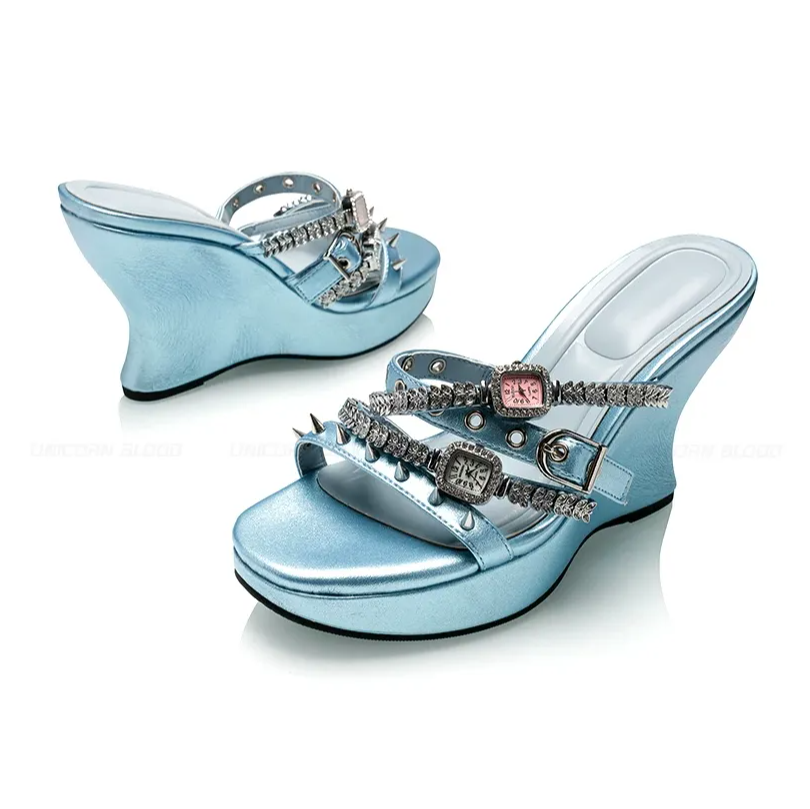 Rhinestone Strap Wedge Mules