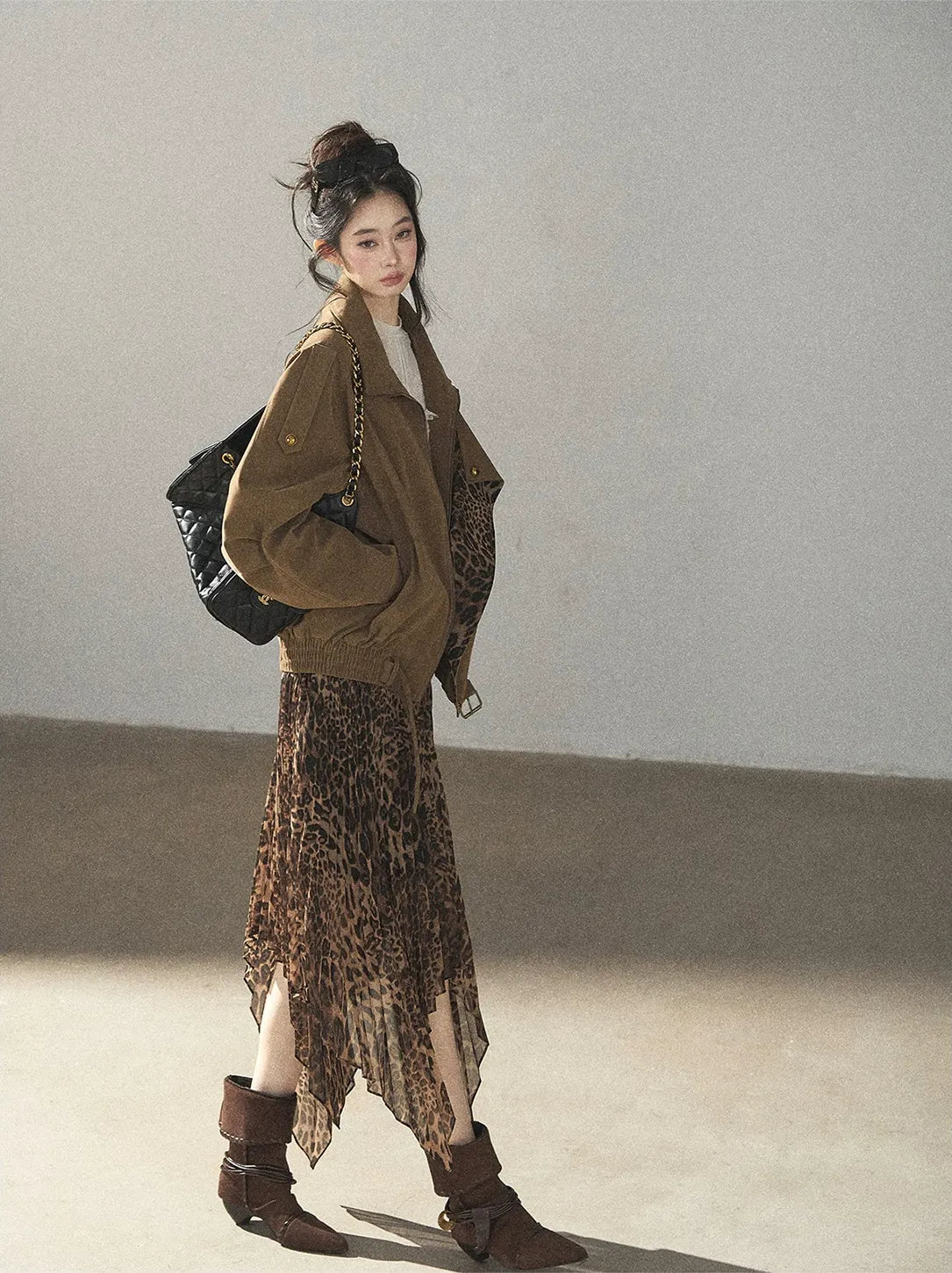 Matte Suede Leopard Bomber Jacket