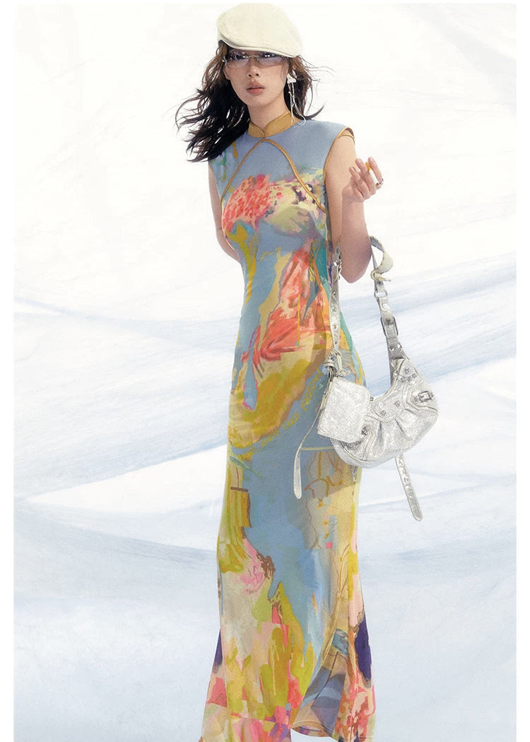 Roman Poem Printed Sleeveless Qipao Dress