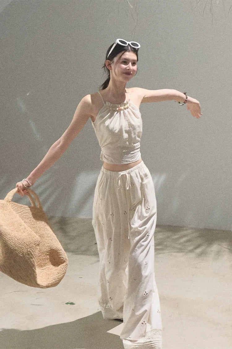 Cotton Eyelet Wide-Leg Pants