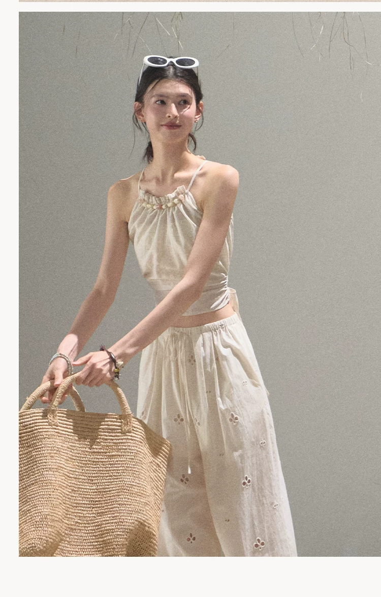 Cotton Eyelet Wide-Leg Pants