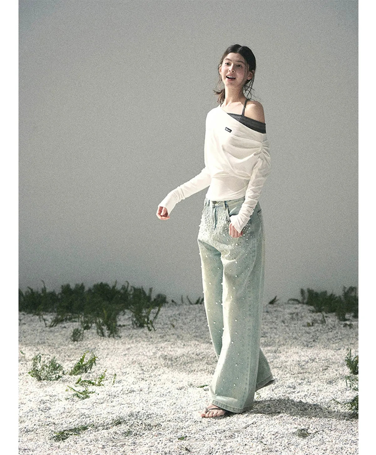 Washed Pearl Wide-Leg Jeans