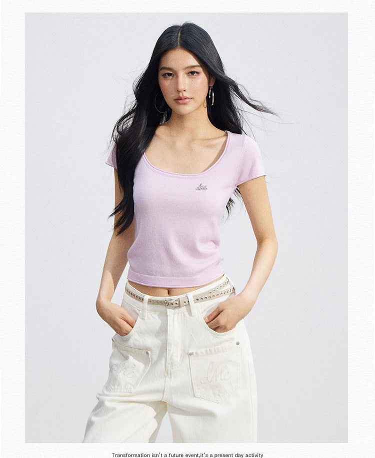 Candy Color U-Neck Short Sleeve T-Shirt