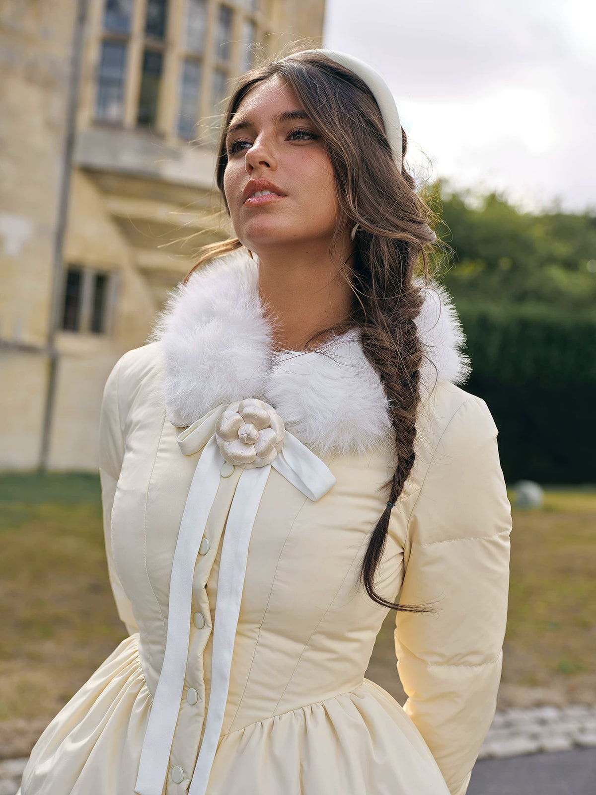 Satin Bow Fitted Down Coat