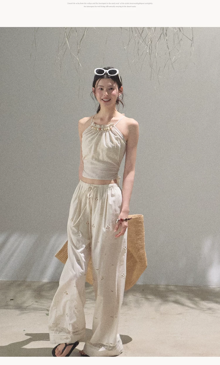 Cotton Eyelet Wide-Leg Pants