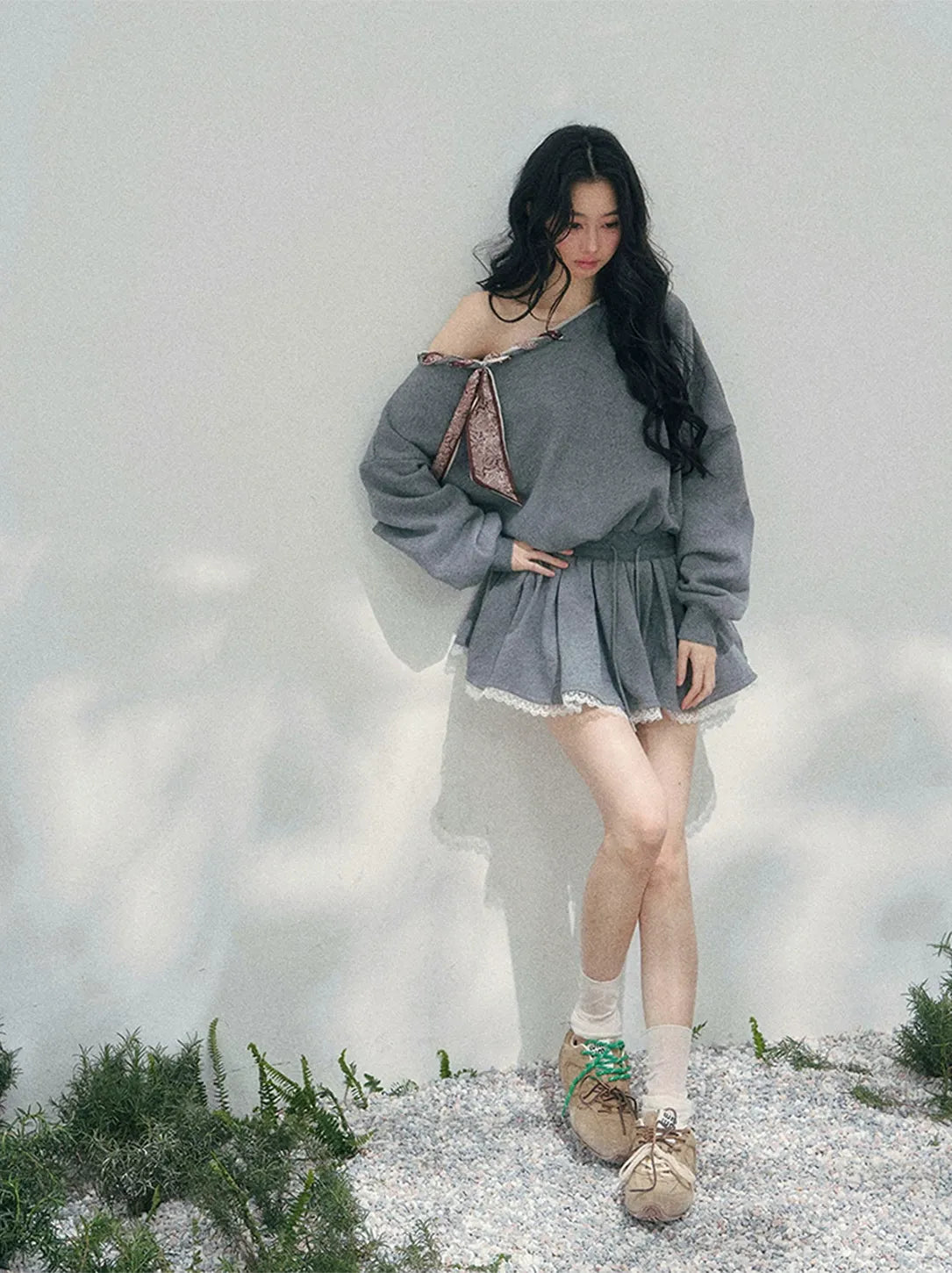 Lace Off-Shoulder Sweatshirt Dress