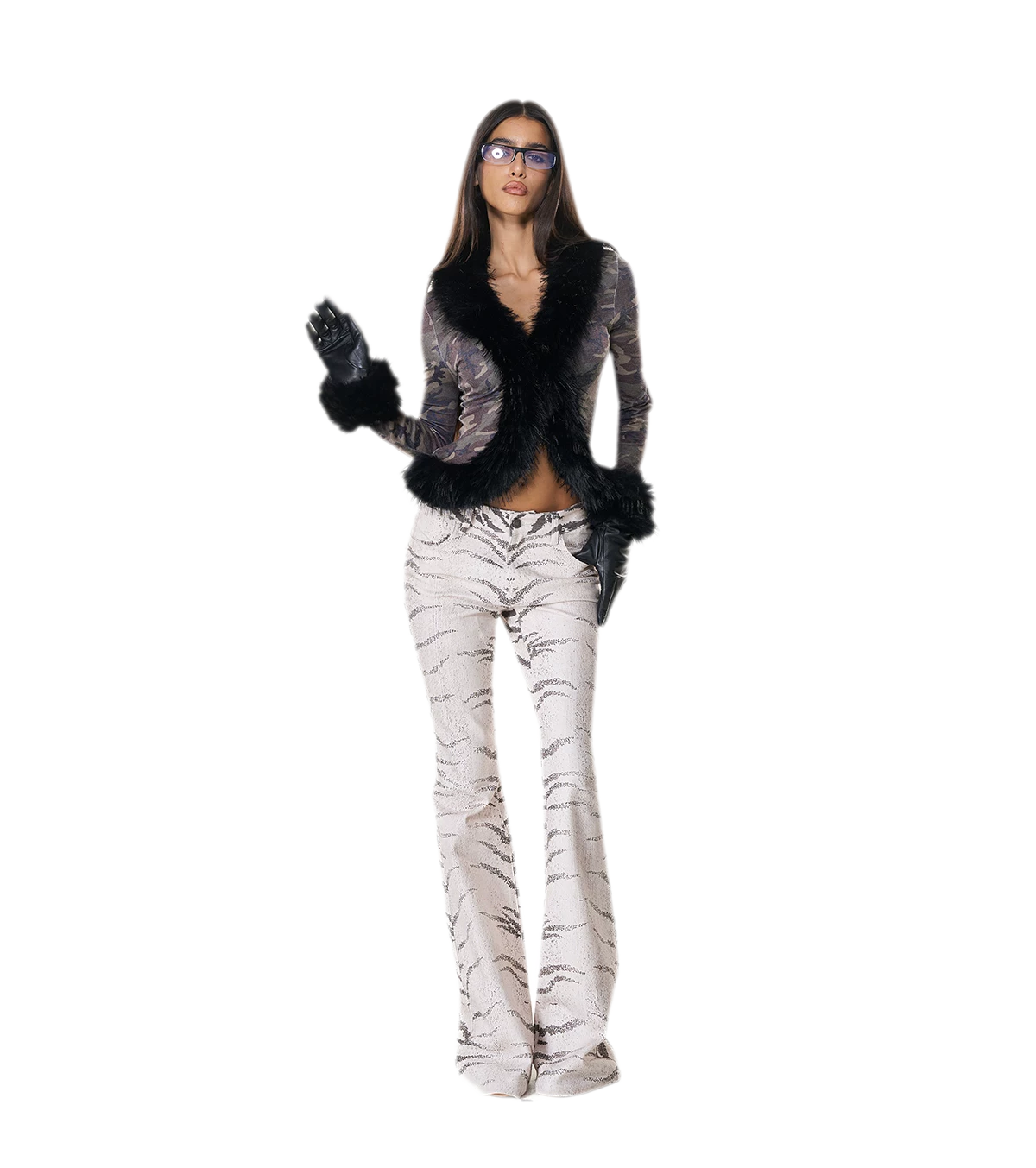 Quần jean ống loe họa tiết ngựa vằn washed