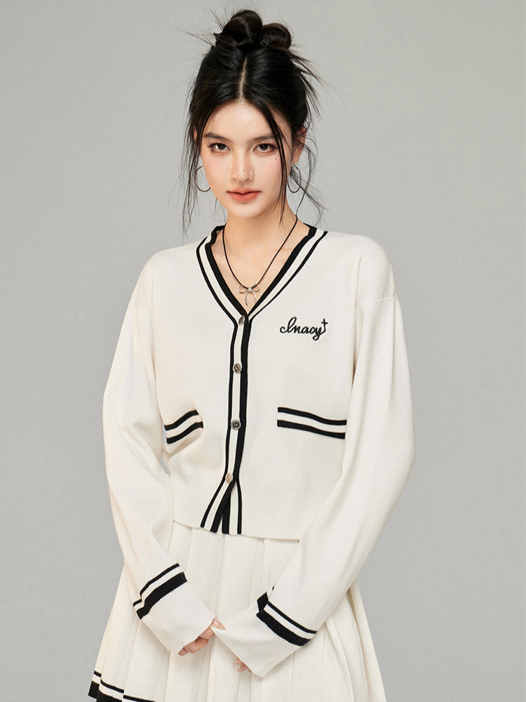 Contrast Color Knit V-neck Cardigan Set - CHINASQUAD
