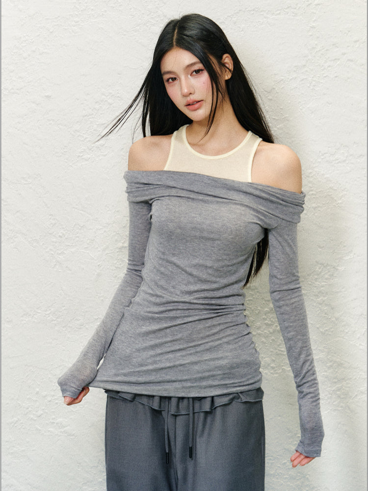 Fake Two-Piece Off-Shoulder Colorblock T-shirt - CHINASQUAD