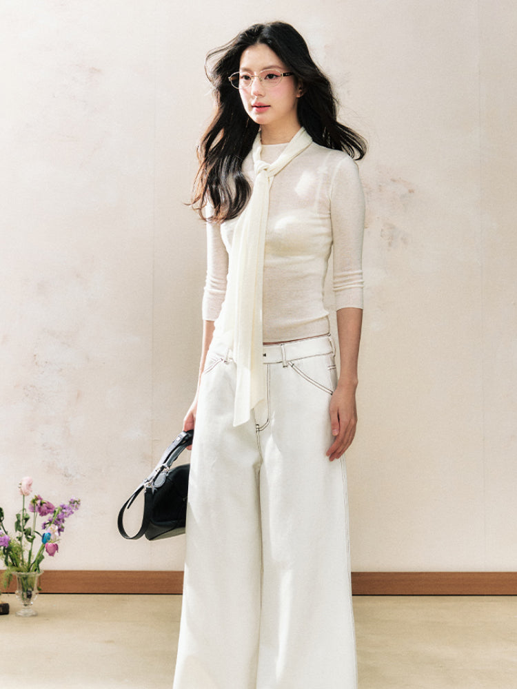 White Tie-Collar Knit Top Pullover Base - CHINASQUAD