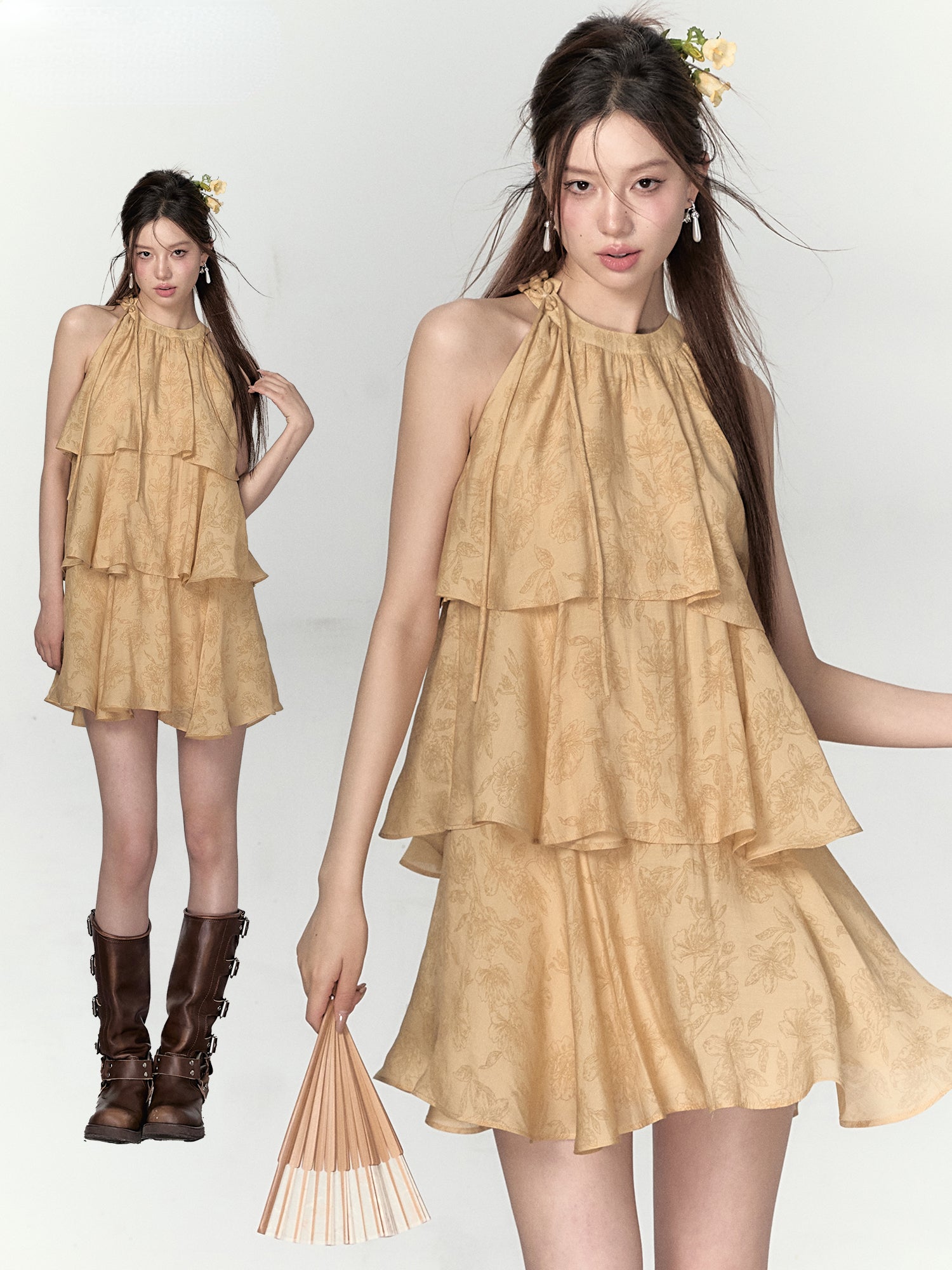 Mustard Yellow Halter Floral Dress - CHINASQUAD