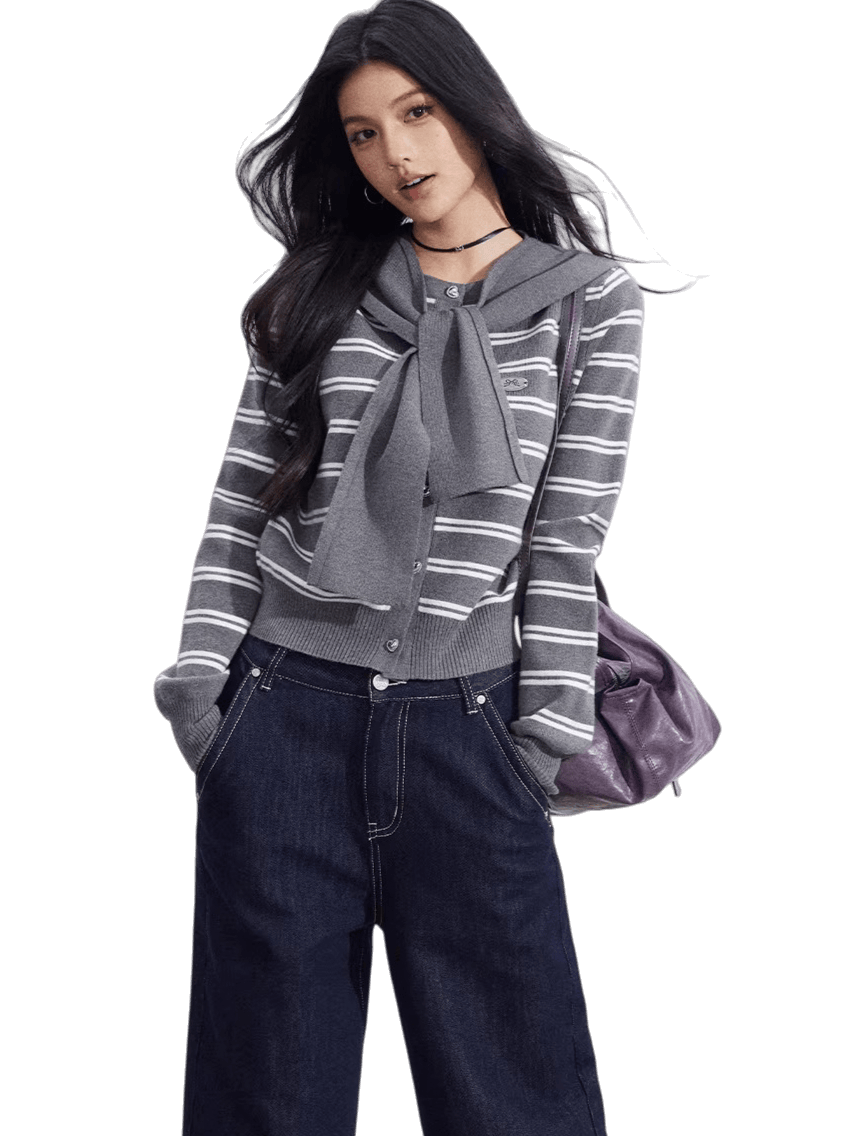 Striped Knit Cardigan & Shawl Two-Piece Set