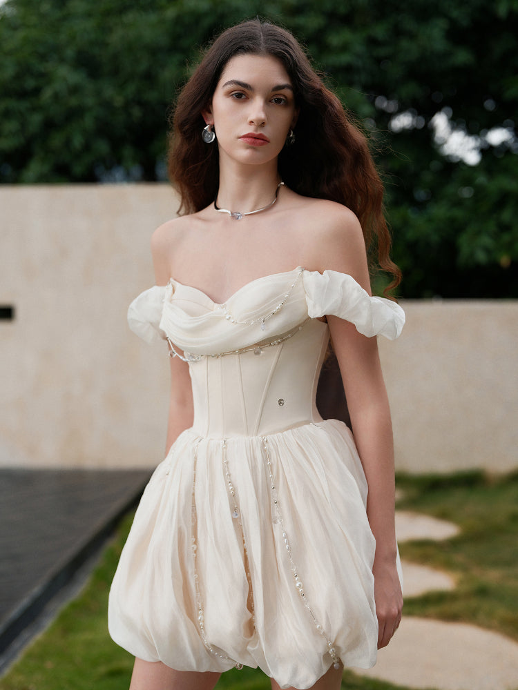 Strapless Waist Cinched Puff Dress - CHINASQUAD