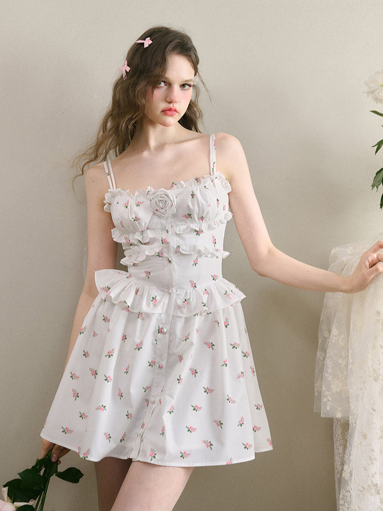 White Floral Ruffled Edge Dress - CHINASQUAD