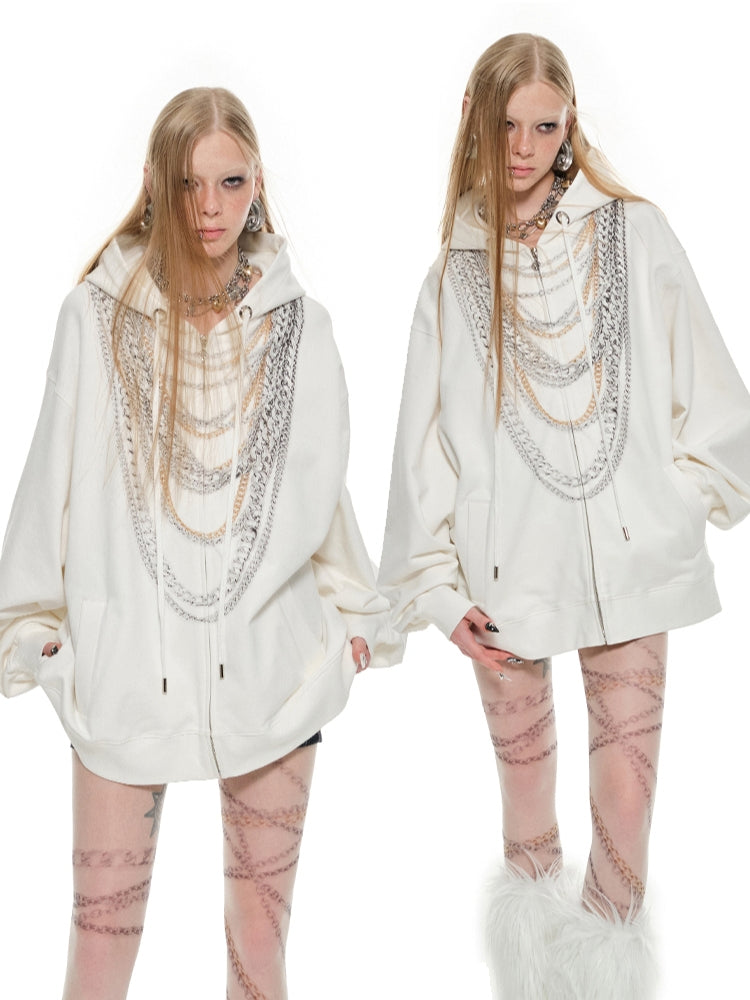 Black & White Oversized Chain Print Hoodie Cardigan - CHINASQUAD