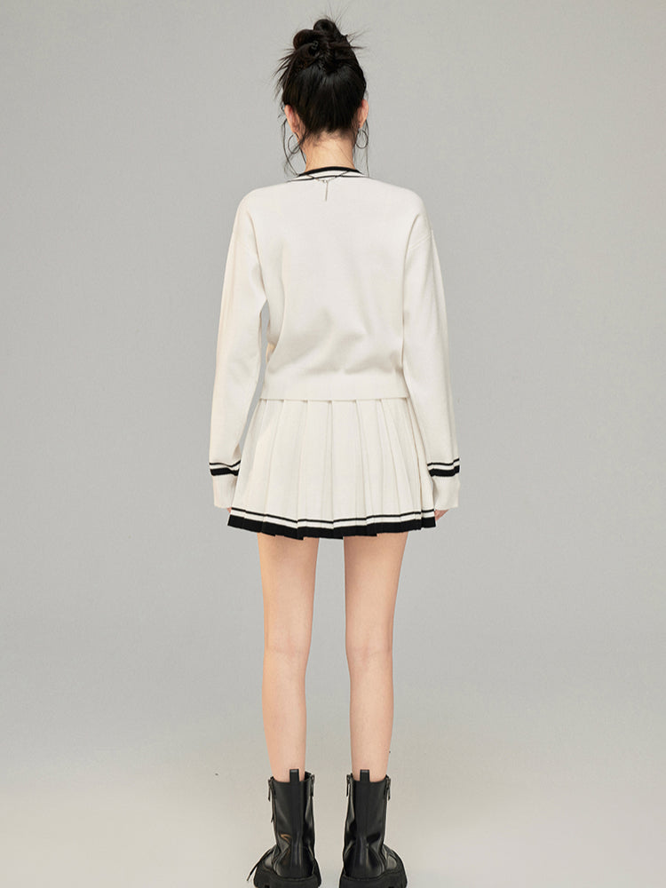 Contrast Color Knit V-neck Cardigan Set - CHINASQUAD