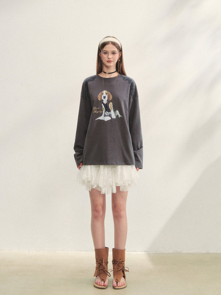 Lace Panel Dog Print Crew Neck Tee - CHINASQUAD
