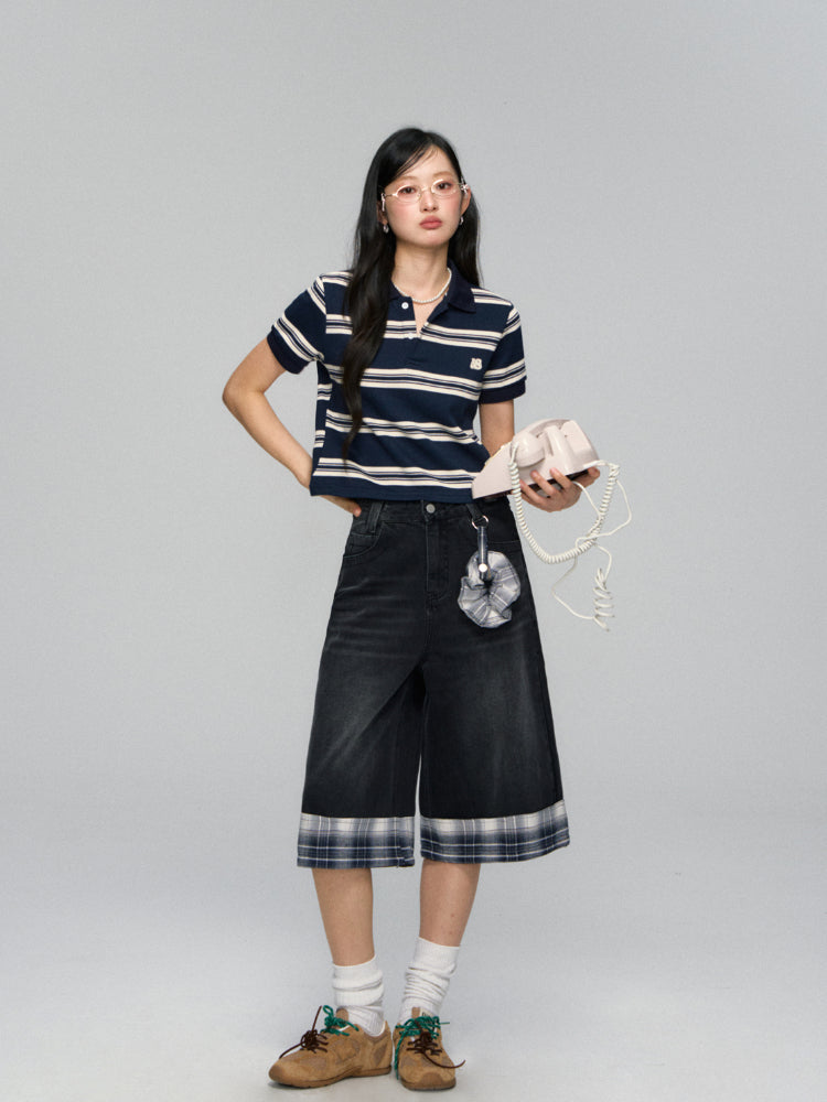 Polo-Collar Striped Color-Blocking T-shirt - CHINASQUAD