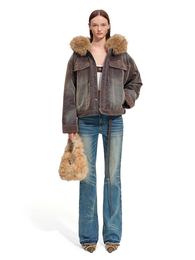 Ross Oversized Washed Eco Fox Fur Collar Denim Jacket