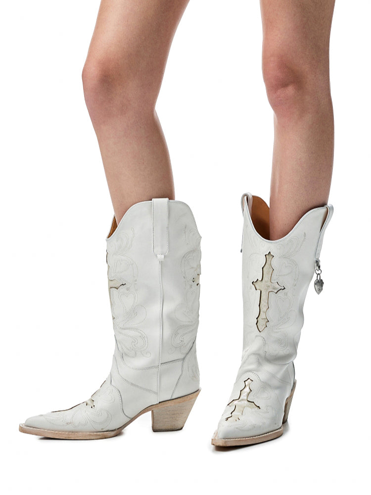 Cowhide Embroidered Mid-Cylinder Western Rider Boots - CHINASQUAD