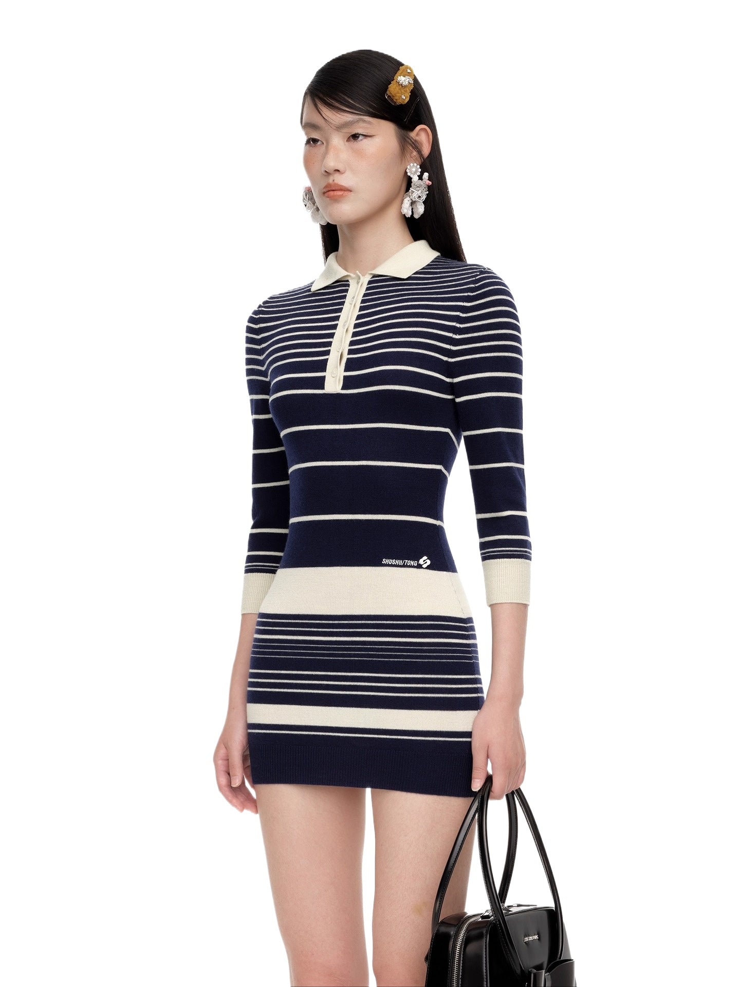 SHUSHUTONG Striped Wool-Blend Knit Midi Dress Dark Blue / XS/6 SHUSHUTONG Striped Wool-Blend Knit Midi Dress Dark Blue / XS/6