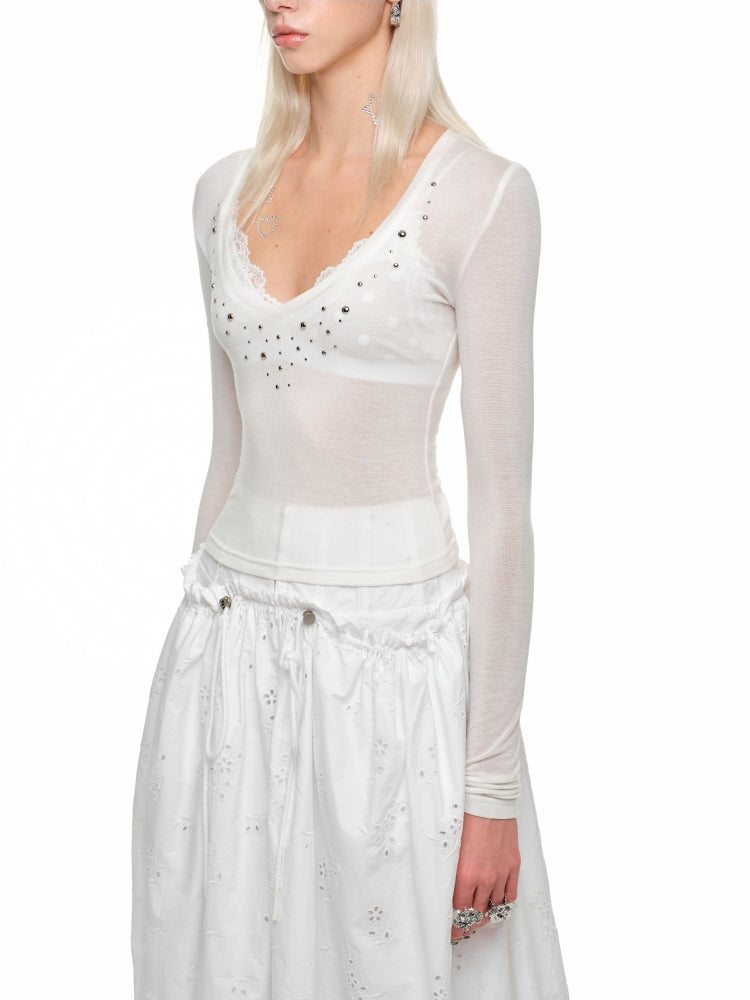 Deep V-Neck Studded Rhinestone Top - CHINASQUAD