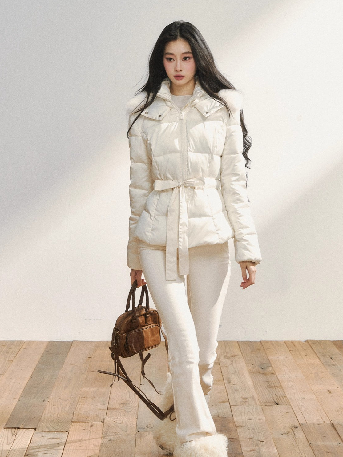 Two-Tone Belted Detachable Fur Hood Down Jacket