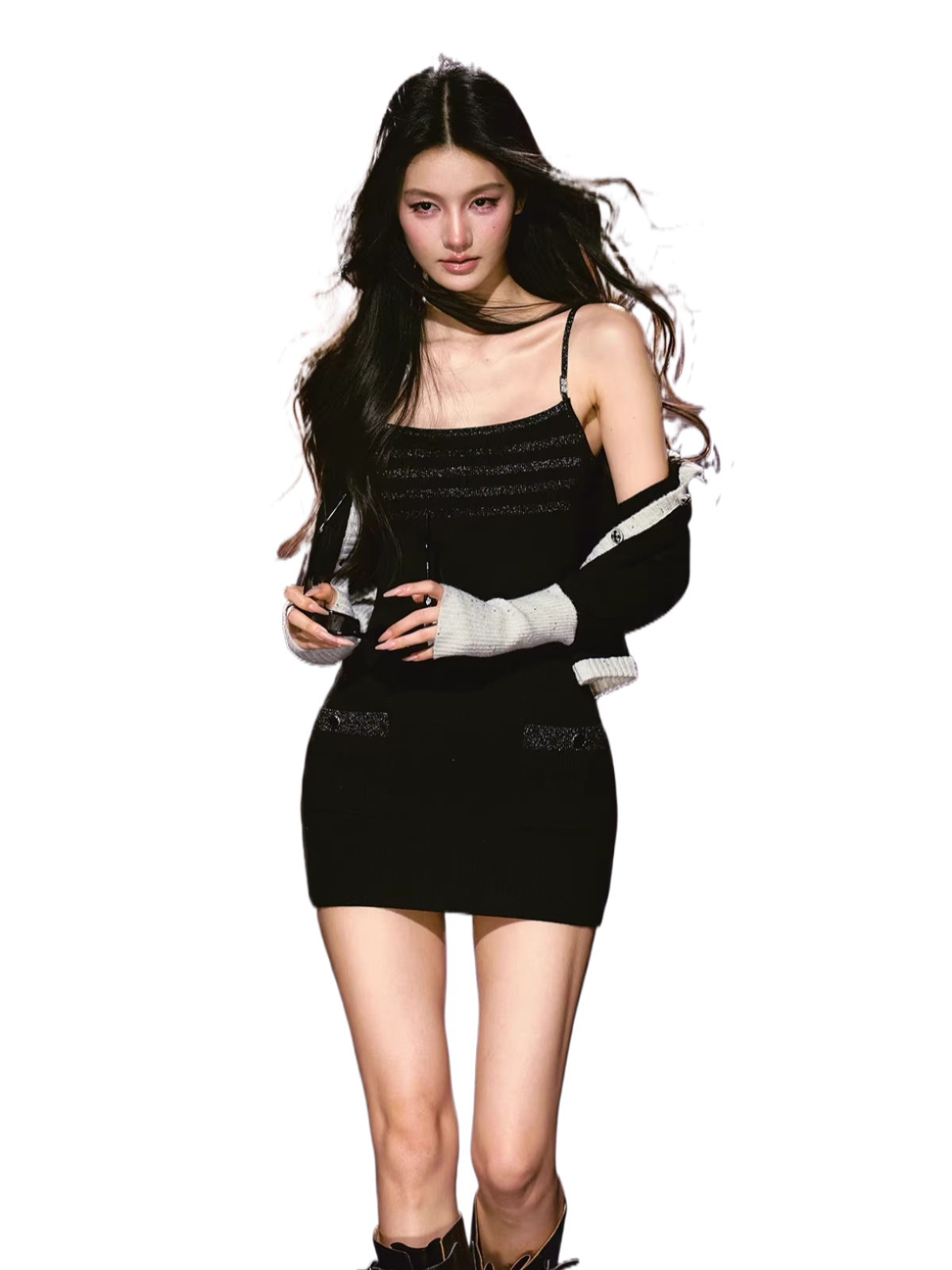 Luminous Sheer Knit Strappy Bodycon Dress Black / M