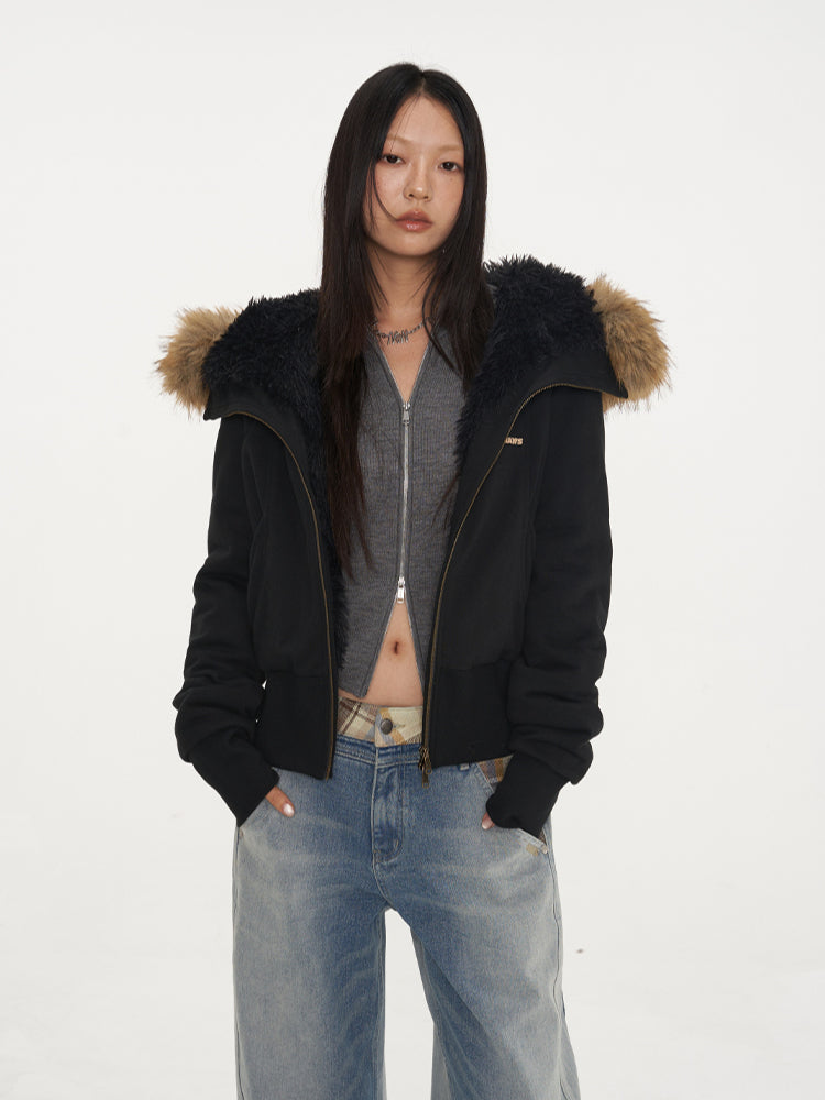 Fur Collar Fleece-Lined Short Coat - CHINASQUAD