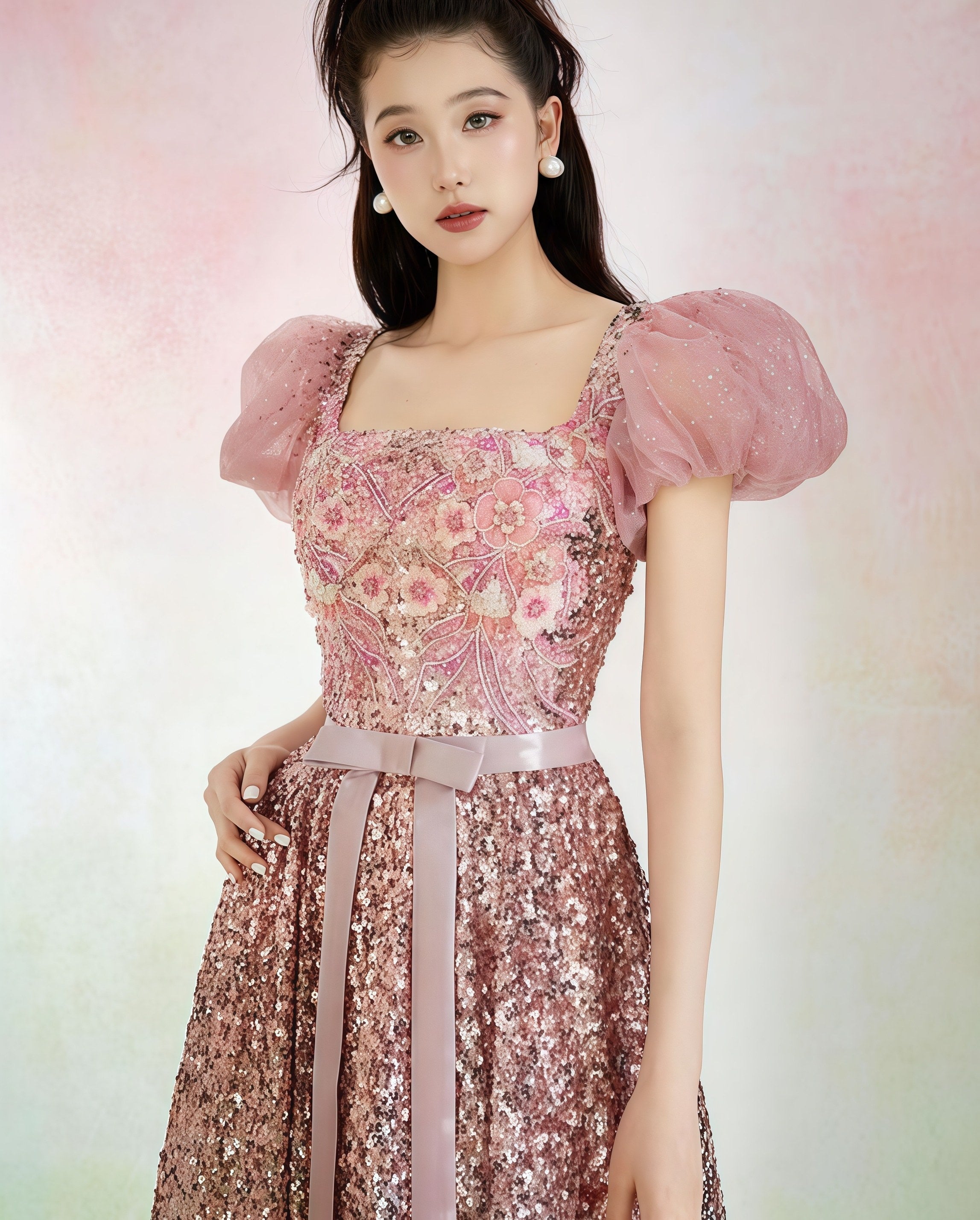 Rose Gold Gradient Sequin Embroidered Puff Sleeve Gown