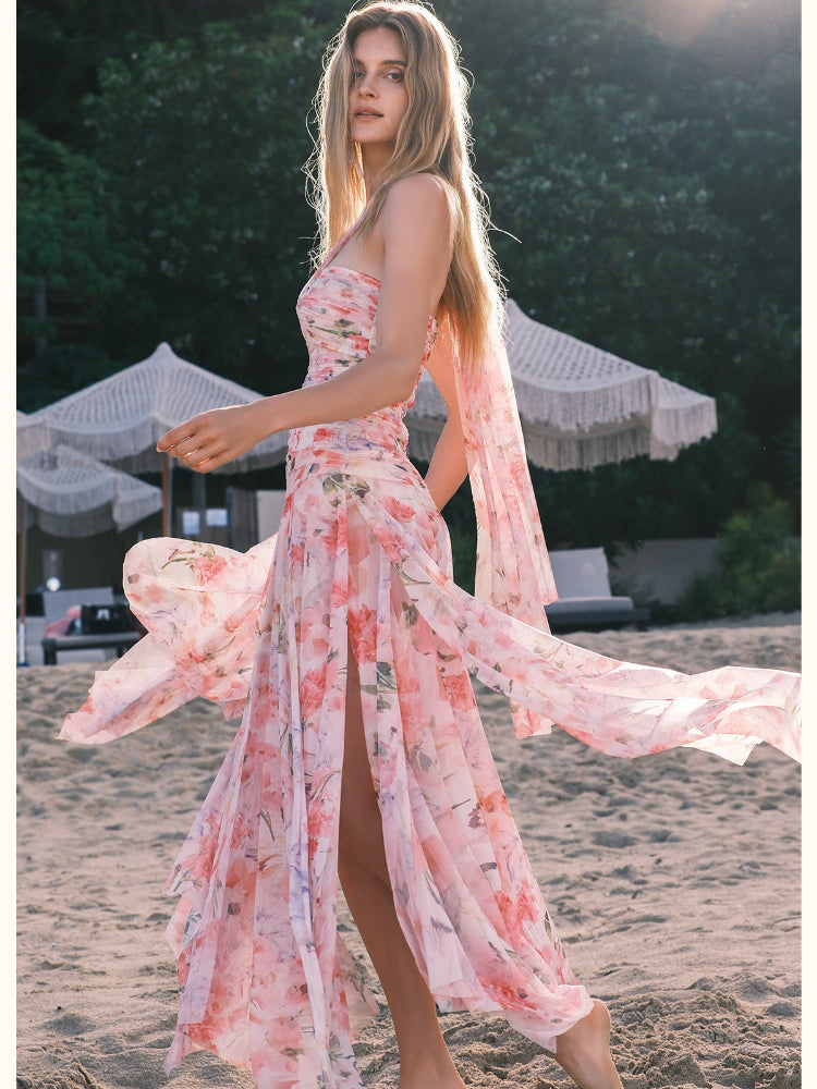 Evelyn Floral Ribbon Neckline Hollow-out Dress - CHINASQUAD