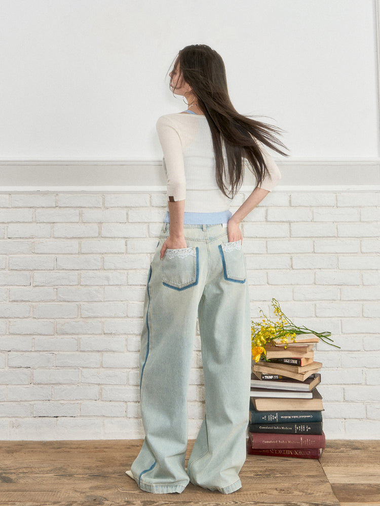 Lace-Panel Loose Straight Denim Jeans - CHINASQUAD