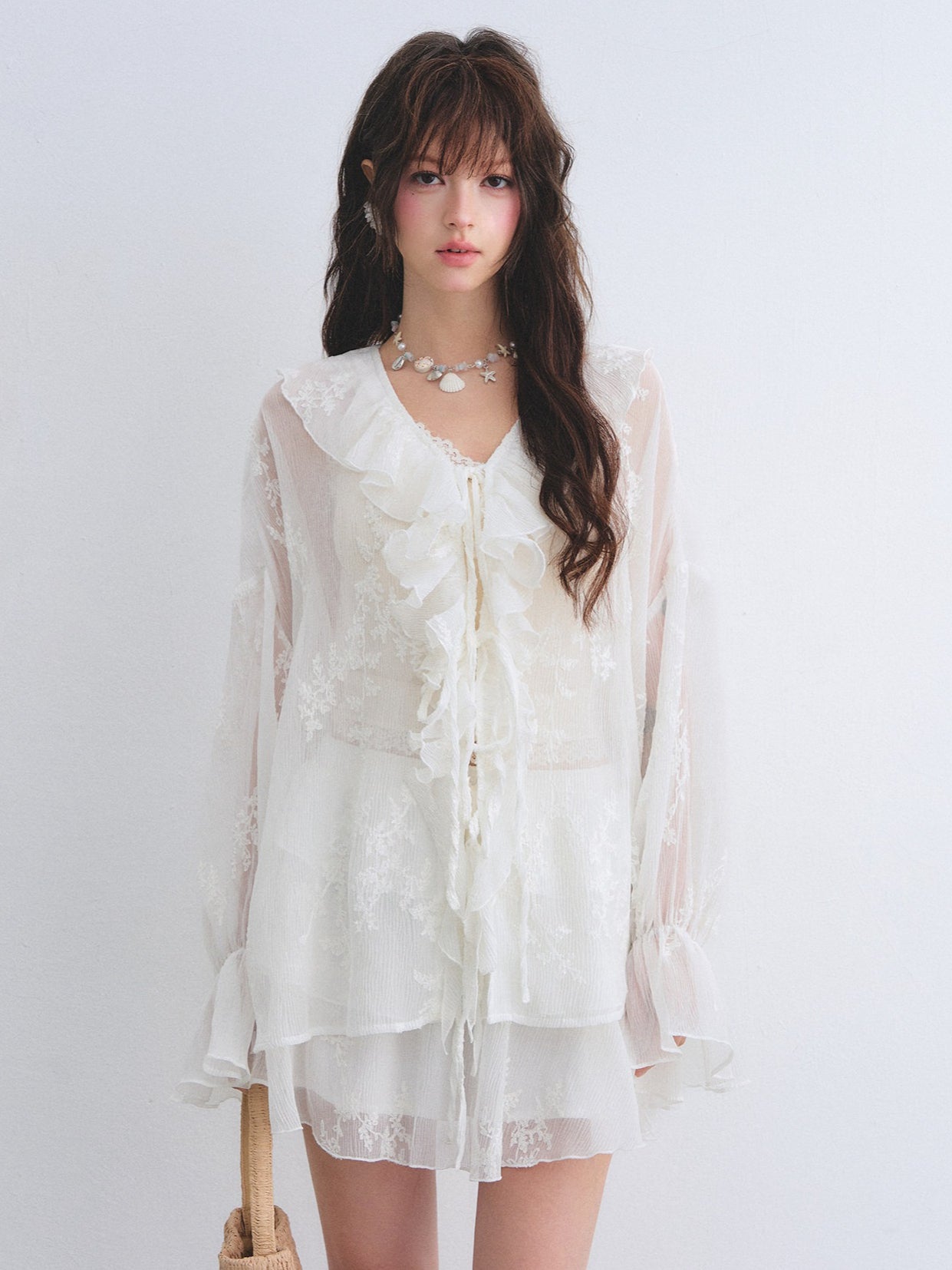 Embroidered Ruffle Chiffon Shirt & Tiered Skirt Set