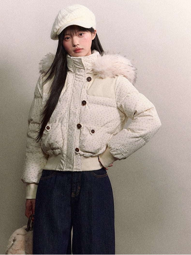 Fuzzy Plaid Down Faux Fur Collar Jacket - CHINASQUAD