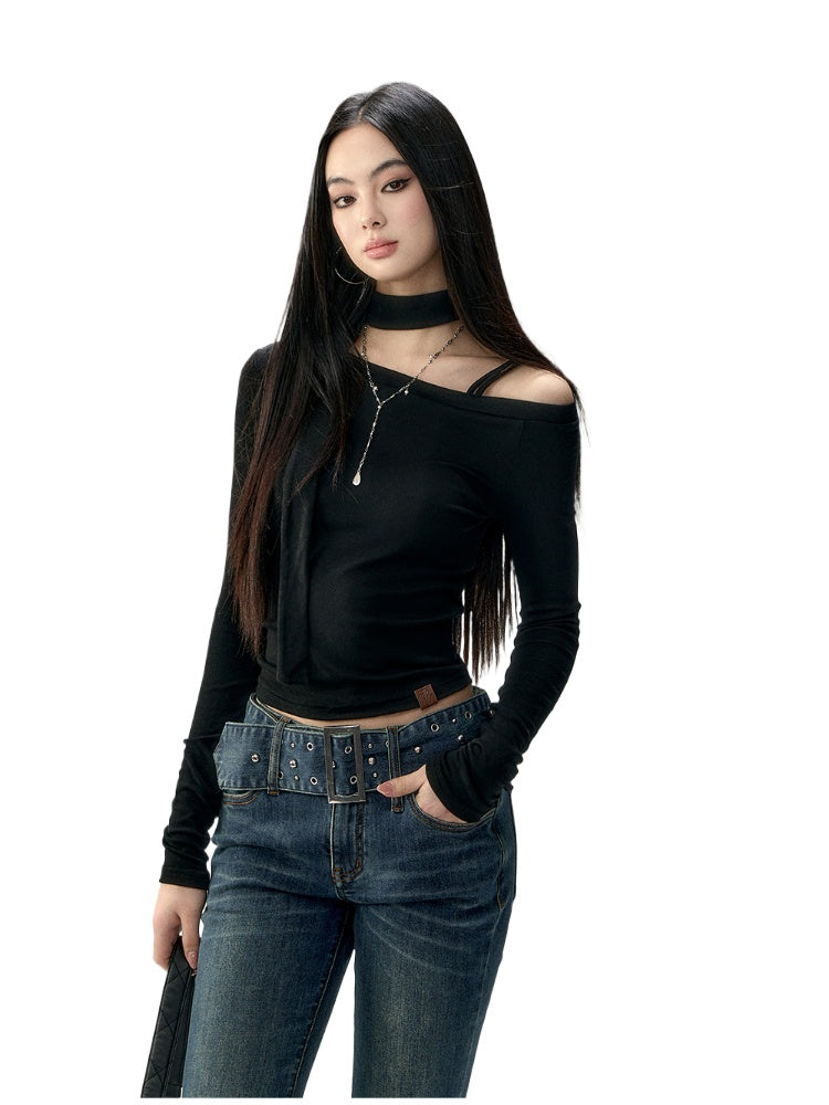 Wool Blend Asymmetric Shoulder T-Shirt - CHINASQUAD