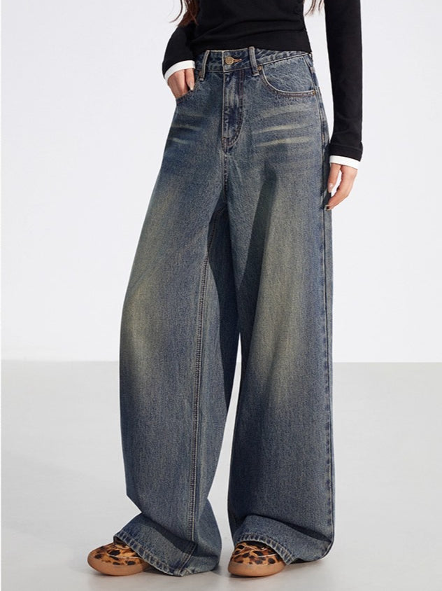 Leather-Patch Wide-Leg Cotton Jeans - CHINASQUAD