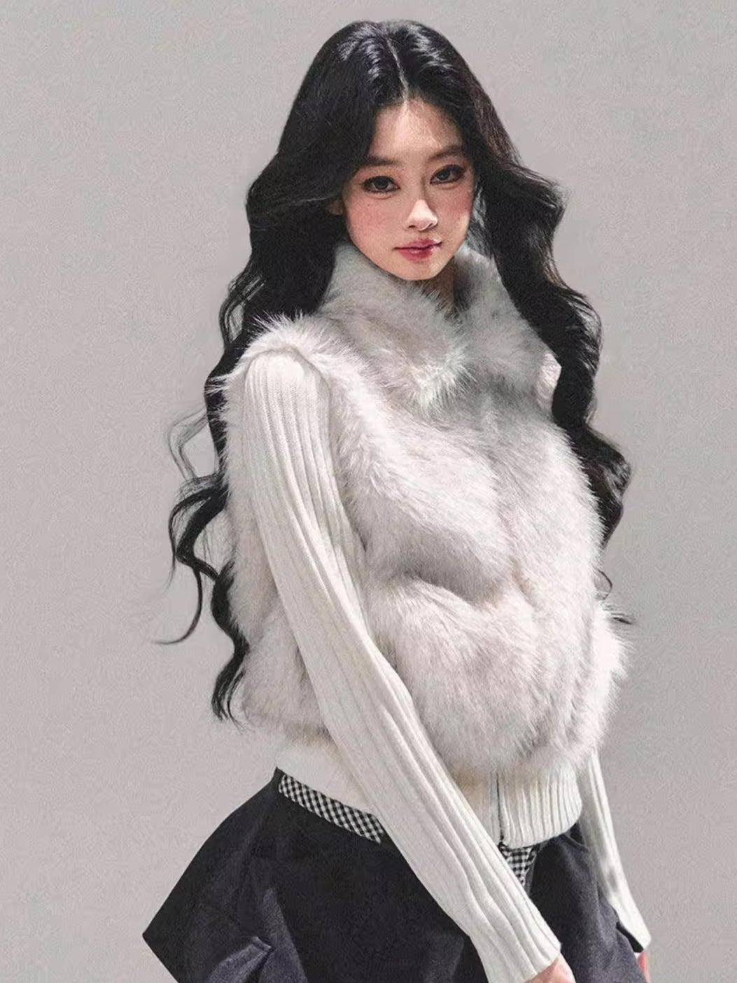 Faux Two-Piece Eco Fur Knit Jacket