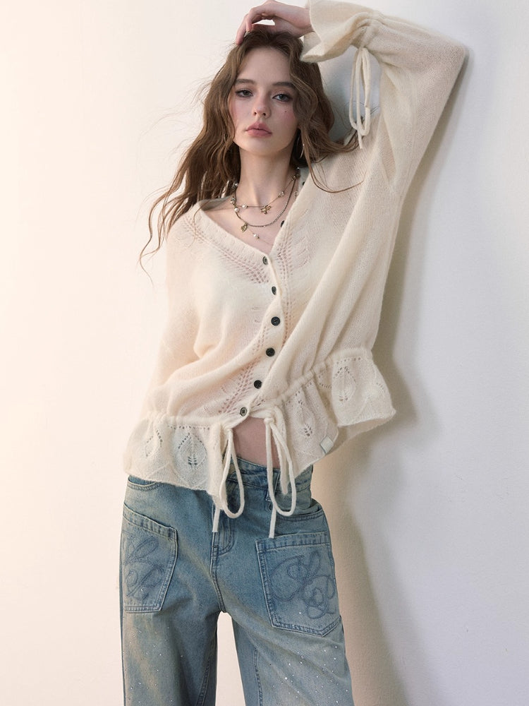 Drawstring Openwork Wool Knit Cardigan