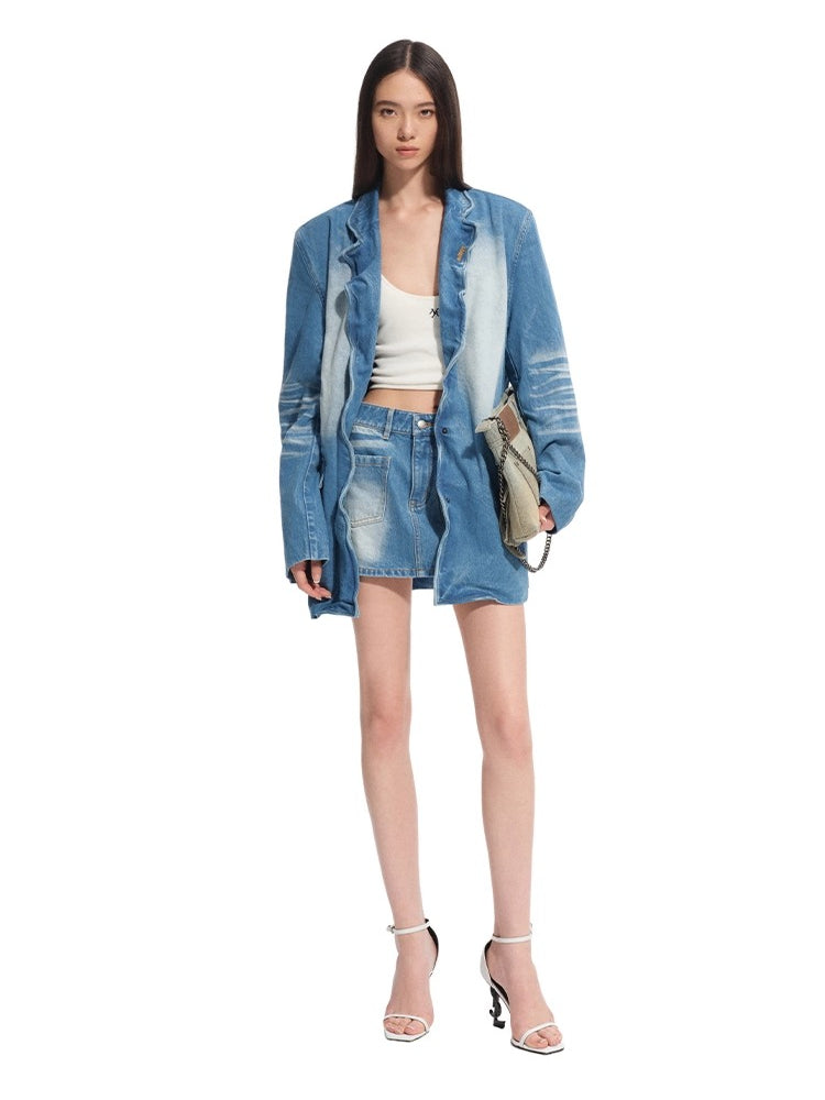 "Caracal Series" Washed Twill Denim Blazer - CHINASQUAD